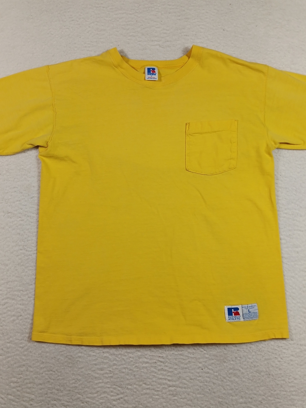 Vintage 90s Russell Athletic Shirt Mens Large Yellow Pocket Tee Single Stitch
